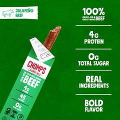 Chomps Jalapeño Beef Chomplings, Grass-Fed & Finished, 24ct, Protein Snack