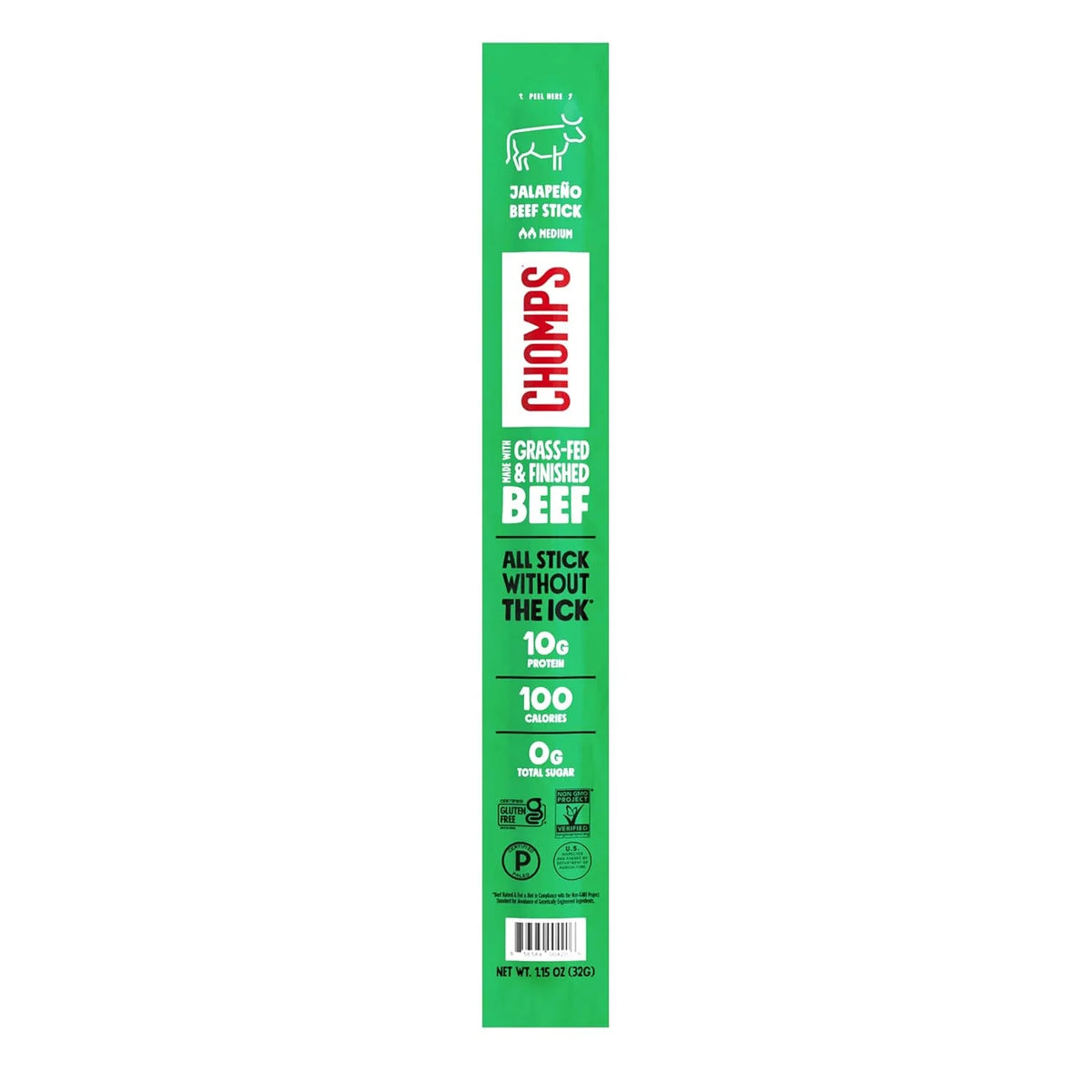 Chomps Jalapeño Beef, Grass-Fed & Finished, Single Protein Snack Stick