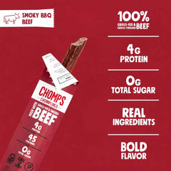 Chomps Smoky BBQ Beef Chomplings, Grass-Fed & Finished, 24ct Protein Snack