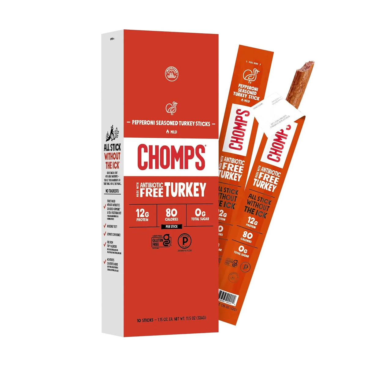 Chomps Pepperoni Turkey, Antibiotic Free, 10ct, Protein Snack Stick