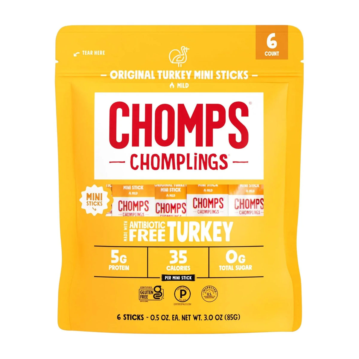 Chomps Original Turkey Chomplings Antibiotic Free, 6ct Protein Snack Stick