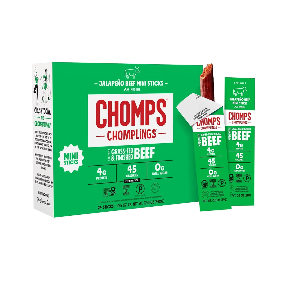 Chomps Jalapeño Beef Chomplings, Grass-Fed & Finished, 24ct, Protein Snack