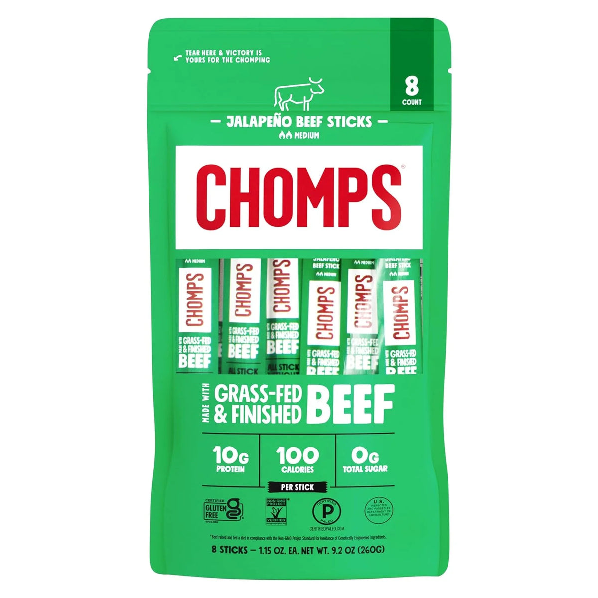Chomps Jalapeño Beef, Grass-Fed & Finished, 8ct, Protein Snack Stick
