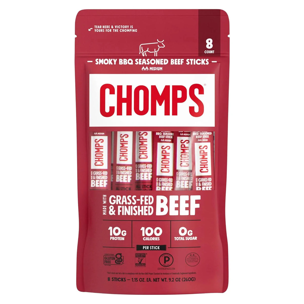 Chomps Smoky BBQ Beef, Grass-Fed & Finished, 8ct, Protein Snack Stick