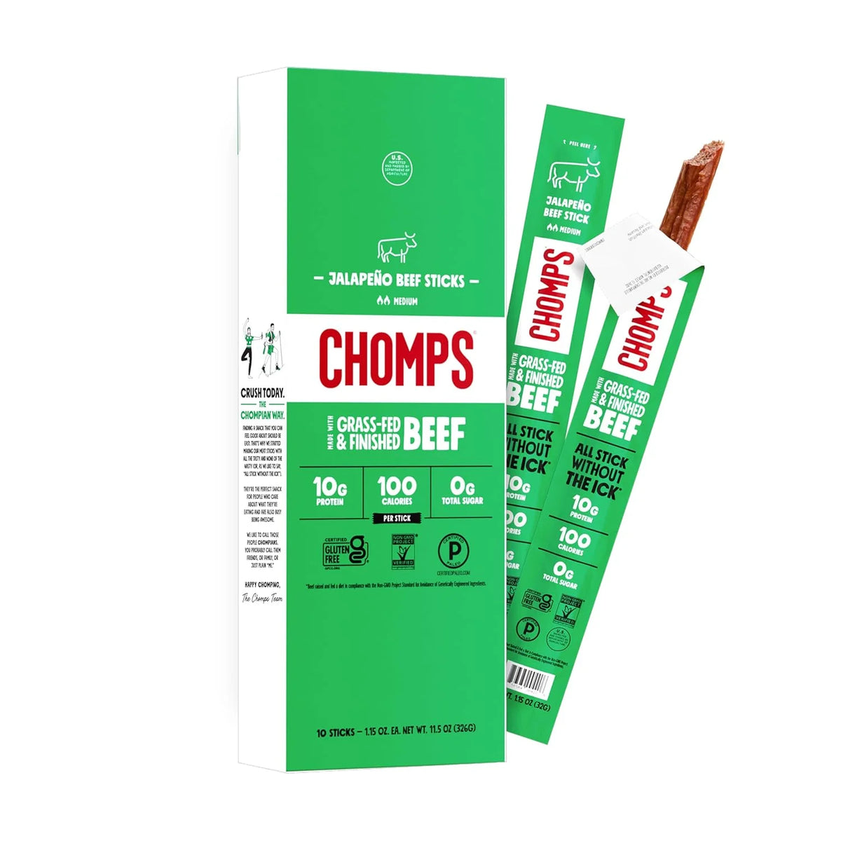 Chomps Jalapeño Beef, Grass-Fed & Finished, 10ct, Protein Snack Stick