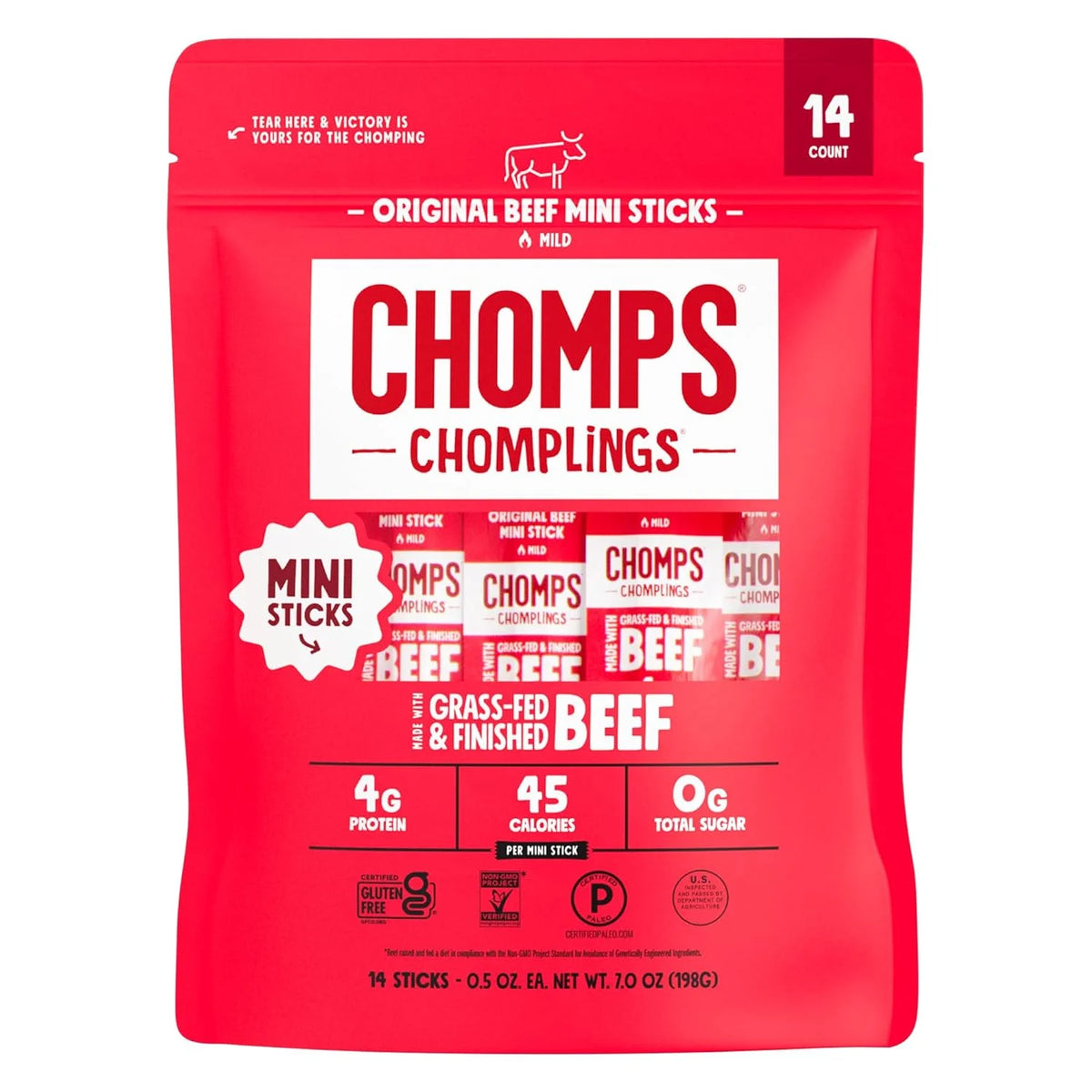 Chomps Original Beef Chomplings, Grass-Fed & Finished, 14ct, Protein Snack