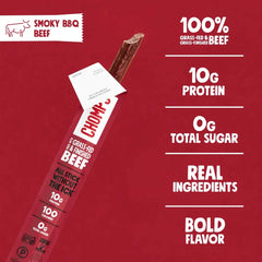 Chomps Smoky BBQ Beef, Grass-Fed & Finished, Single Protein Snack Stick