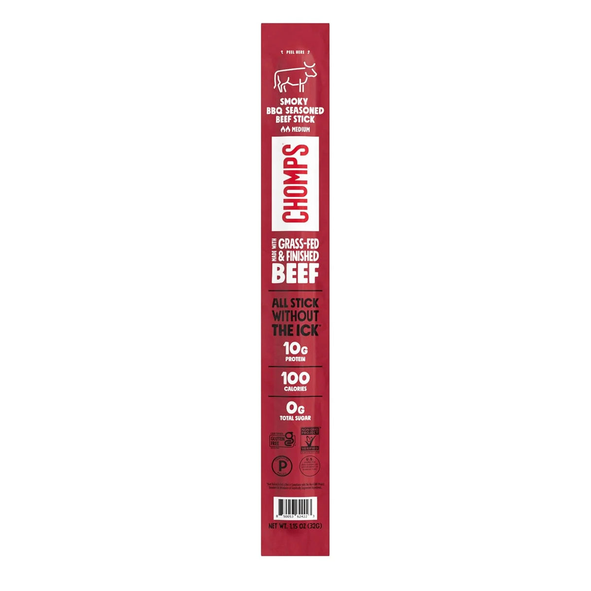 Chomps Smoky BBQ Beef, Grass-Fed & Finished, Single Protein Snack Stick