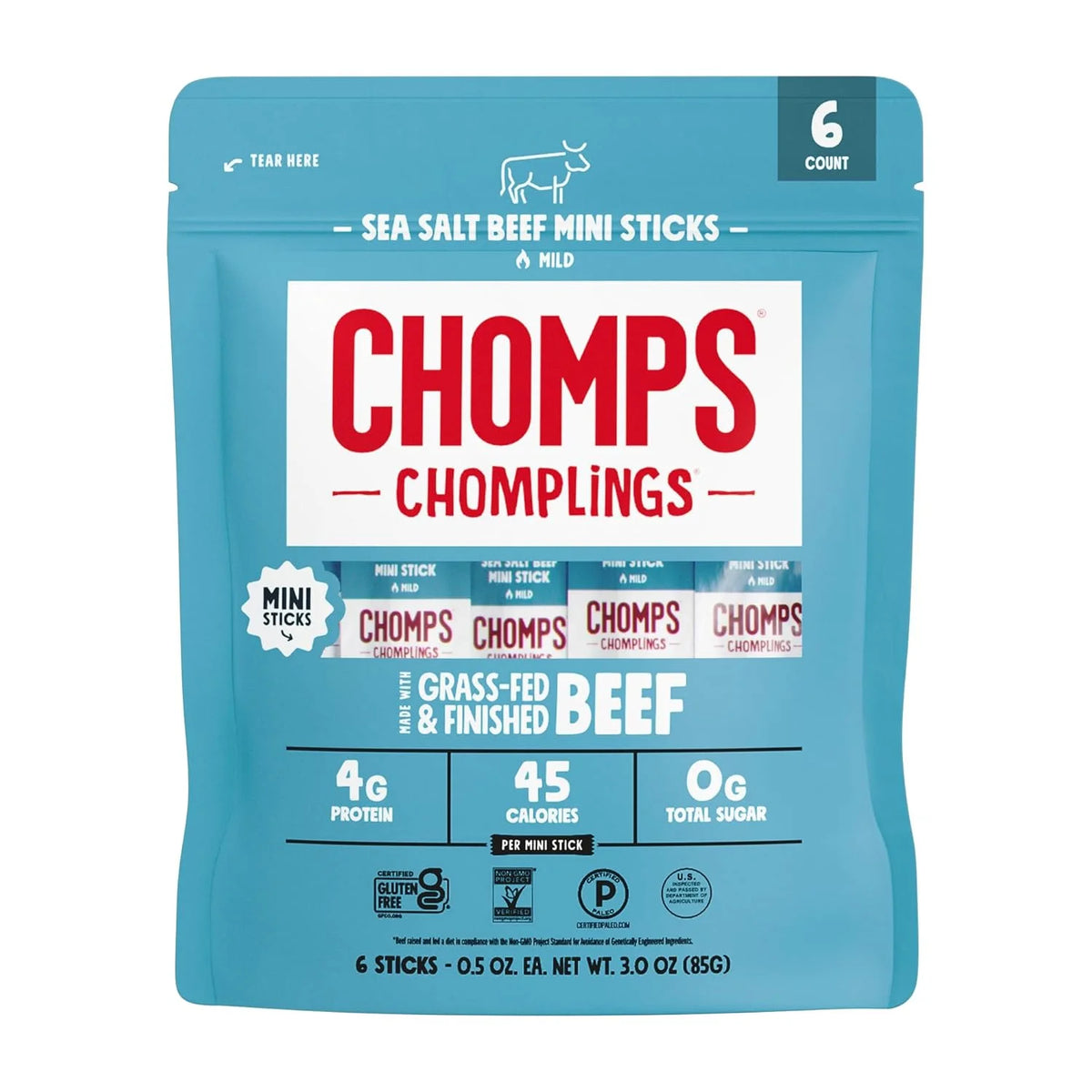 Chomps Sea Salt Beef Chomplings, Grass-Fed & Finished, 6ct, Protein Snack