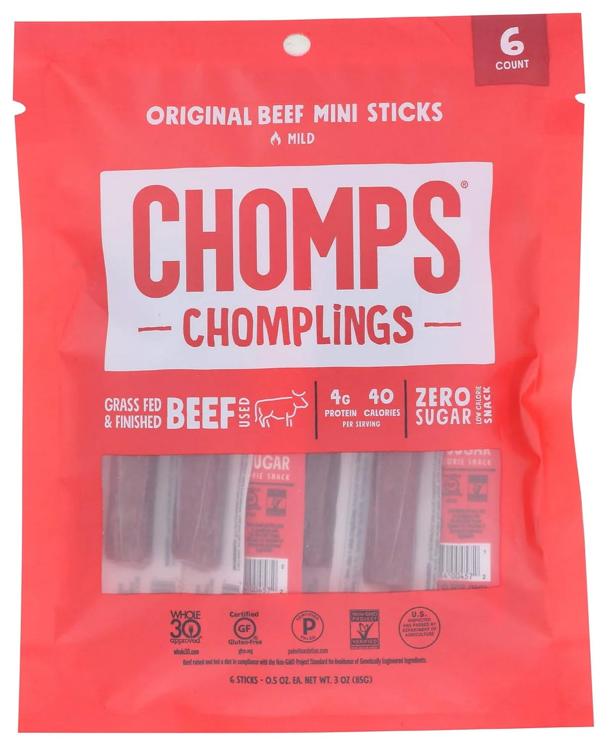 Chomps Original Beef Jerky Snack Mini Sticks, 6 Counts, Grass Fed, 3 Ounces (Pack Of 10)