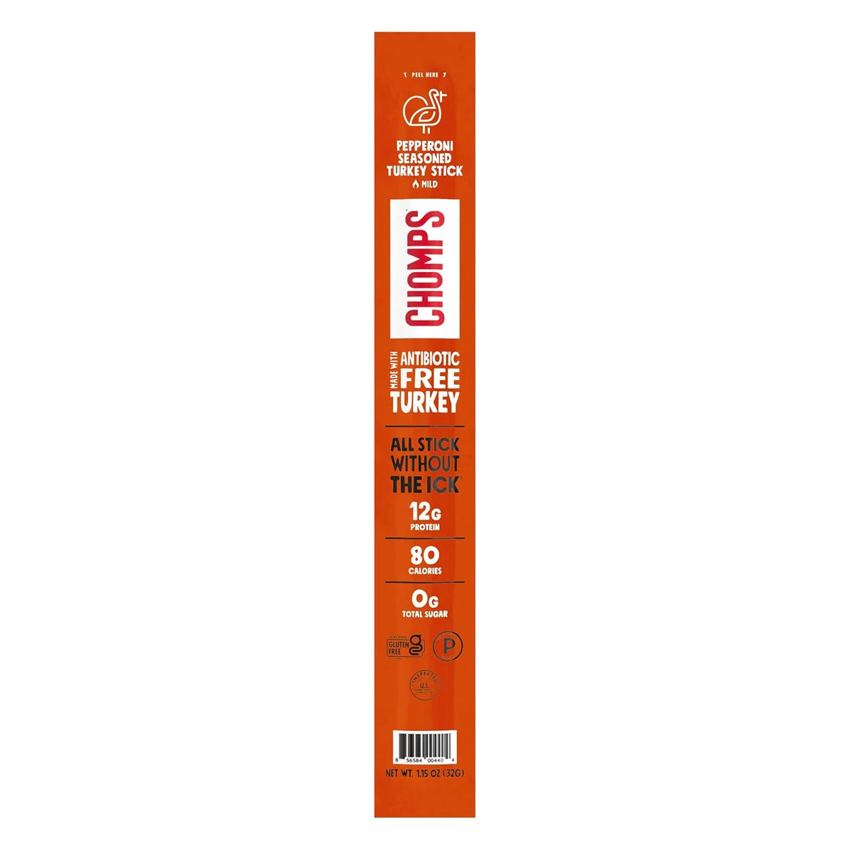 Chomps Pepperoni Turkey, Antibiotic Free, Single Protein Snack Stick