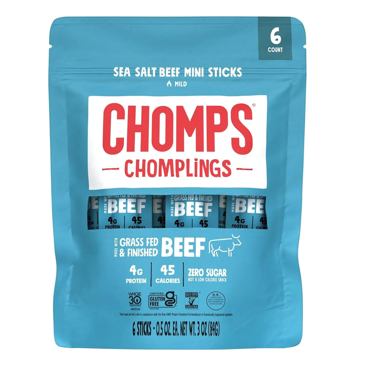 CHOMPS Chomplings Sea Salt Beef Mini Sticks 6 in one pack, 3 OZ